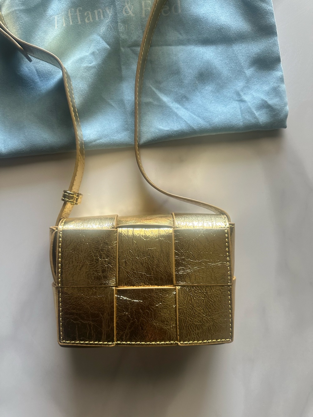 Tiffany & Fred Metallic Gold Woven Crossbody Leather Bag